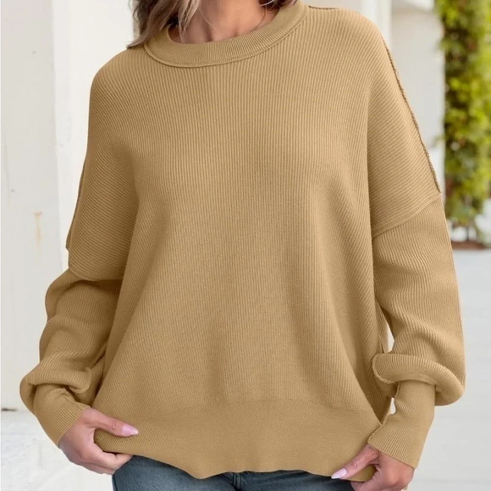 Brown/ Tan Crewneck Batwing Oversized Ribbed Pullover Sweater